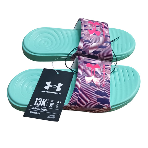 Under Armour Youth Girl's Ansa Graphic Slide Sandals Green/Multicolor Size 13K - Picture 10 of 14